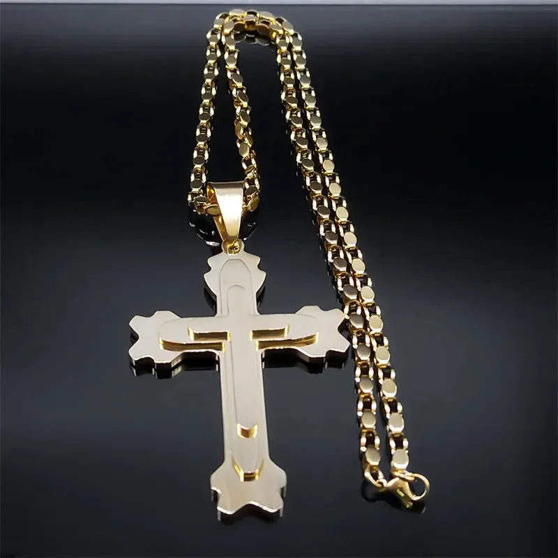 Catholic Cross Men Pendant Necklace Stainless Steel Gold Color Religious Jesus Classic Chain Necklaces