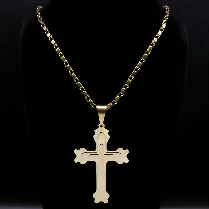 Catholic Cross Men Pendant Necklace Stainless Steel Gold Color Religious Jesus Classic Chain Necklaces