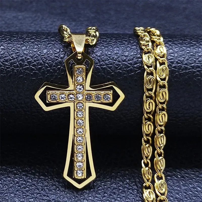 Catholic Cross Men Pendant Necklace Stainless Steel Gold Color Religious Jesus Classic Chain Necklaces
