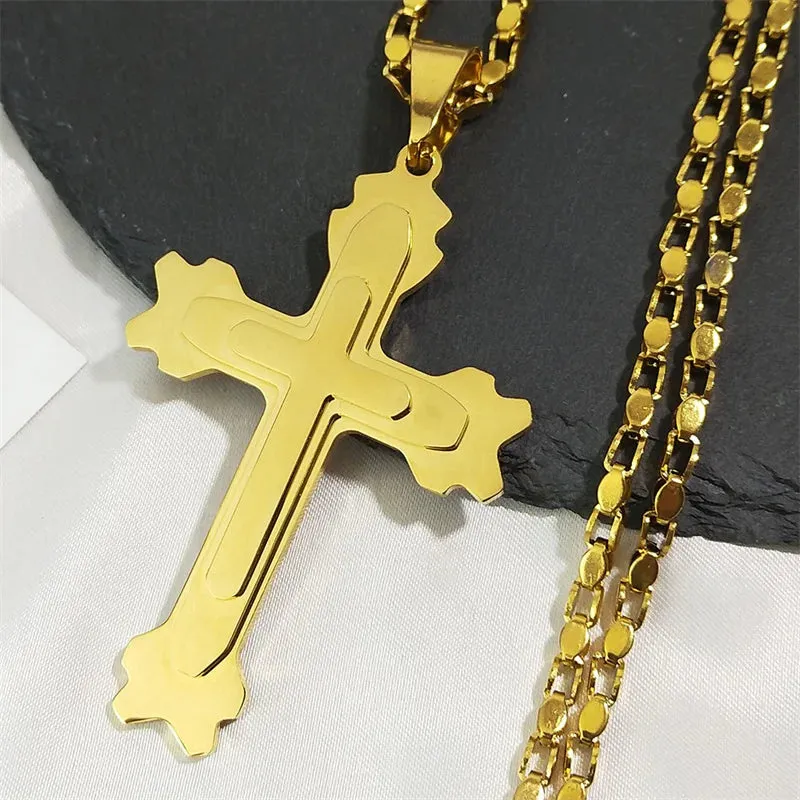Catholic Cross Men Pendant Necklace Stainless Steel Gold Color Religious Jesus Classic Chain Necklaces