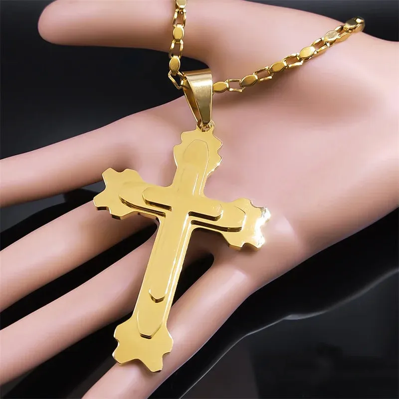 Catholic Cross Men Pendant Necklace Stainless Steel Gold Color Religious Jesus Classic Chain Necklaces