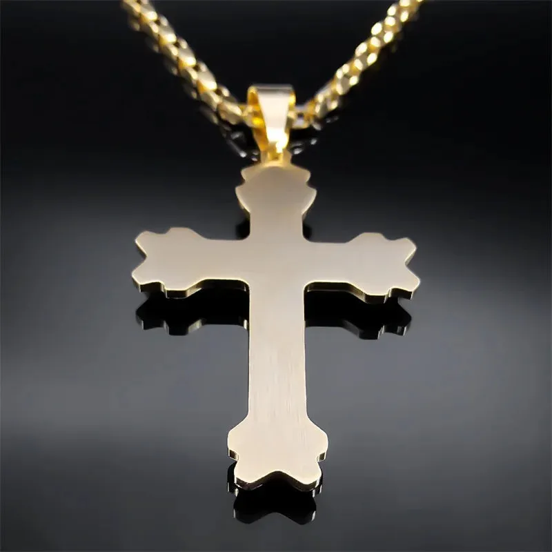 Catholic Cross Men Pendant Necklace Stainless Steel Gold Color Religious Jesus Classic Chain Necklaces