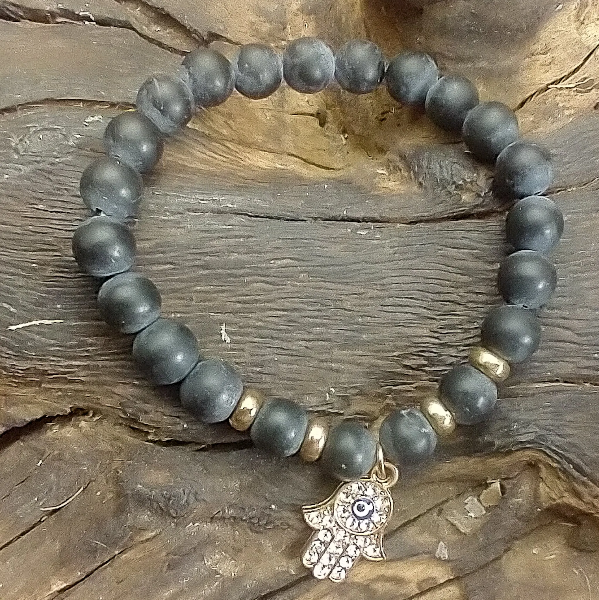 Chakra Bracelet - Evil Eye Hamsa & Black Agate