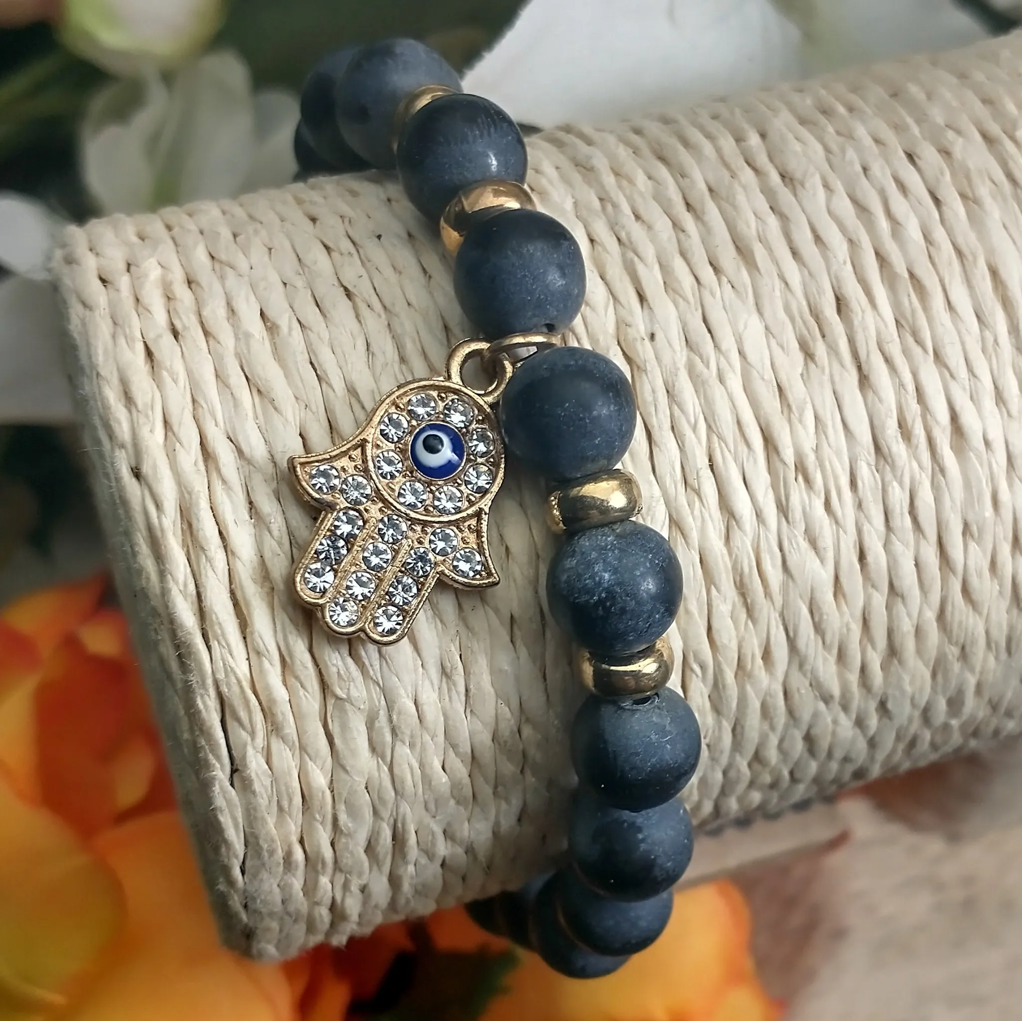 Chakra Bracelet - Evil Eye Hamsa & Black Agate