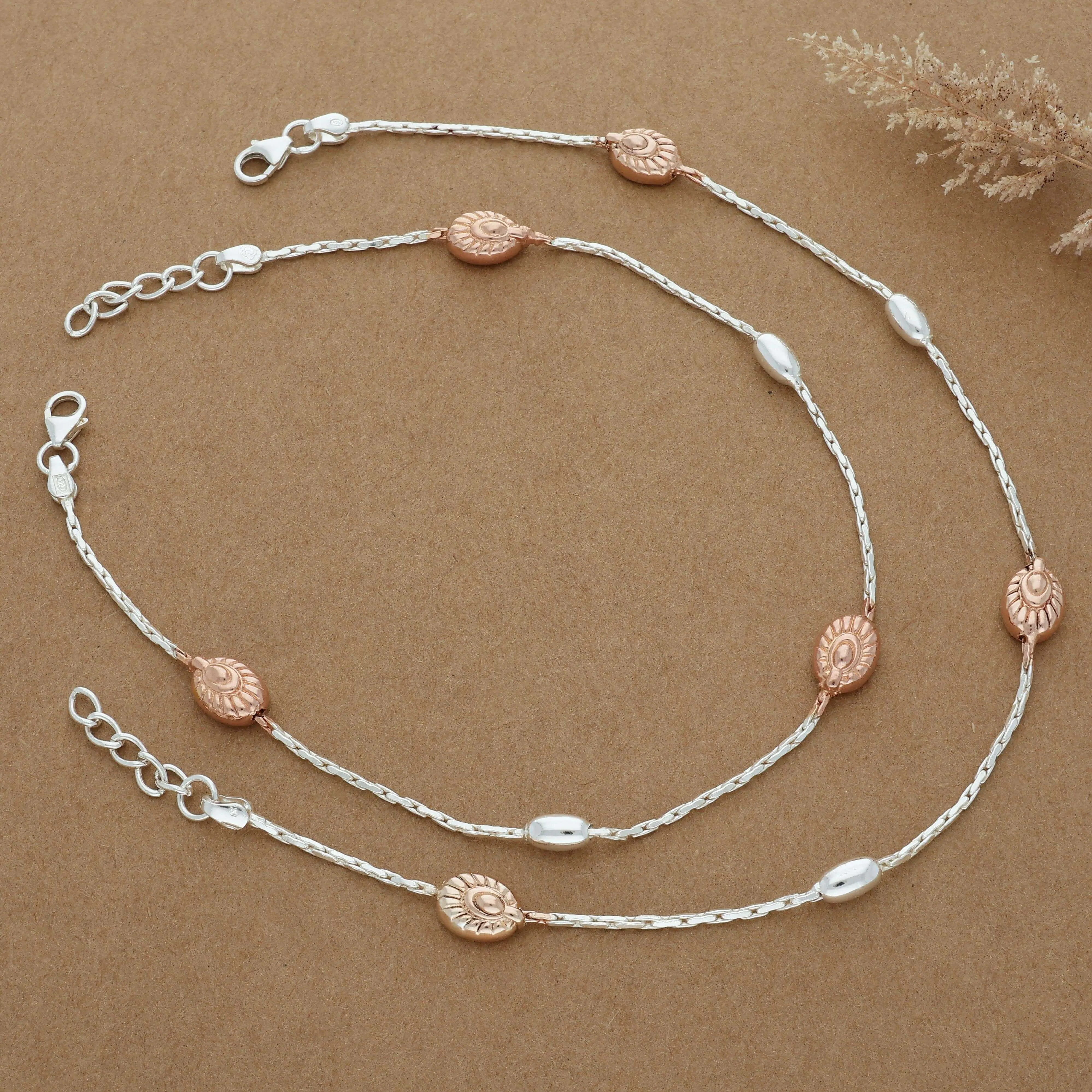 Charming Rose Gold Beads Silver Anklet for Women