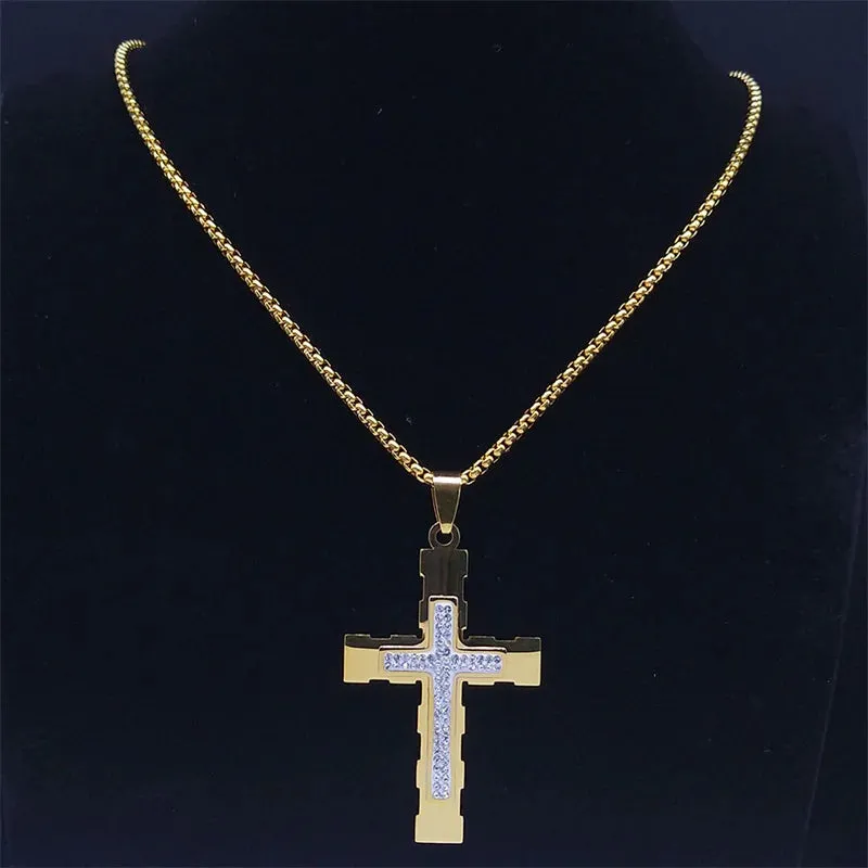 Classic Cross Men Amulet Pendant Necklace Gold Color Stainless Steel Necklaces