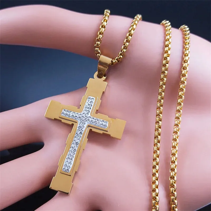 Classic Cross Men Amulet Pendant Necklace Gold Color Stainless Steel Necklaces