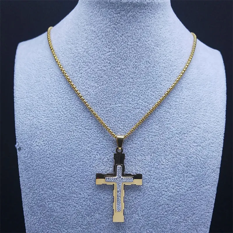 Classic Cross Men Amulet Pendant Necklace Gold Color Stainless Steel Necklaces