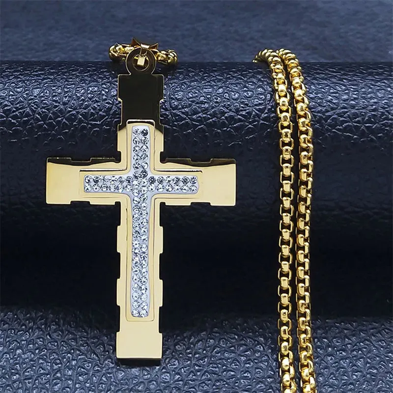Classic Cross Men Amulet Pendant Necklace Gold Color Stainless Steel Necklaces