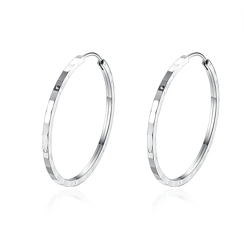 Concave-convex Rectangle Pattern Big Silver Hoop Earrings for Women