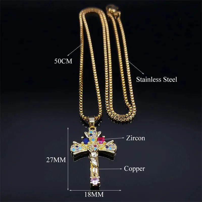 Cross Copper Zircon Pendant Necklace for Girl Stainless Steel Crucifix Chain Necklaces