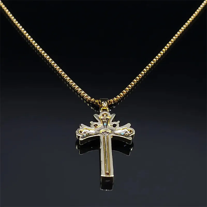 Cross Copper Zircon Pendant Necklace for Girl Stainless Steel Crucifix Chain Necklaces