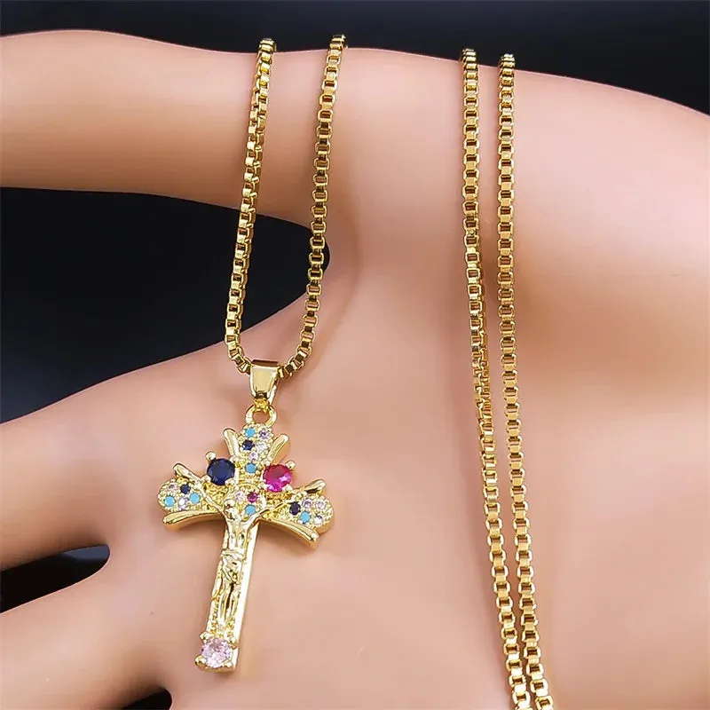 Cross Copper Zircon Pendant Necklace for Girl Stainless Steel Crucifix Chain Necklaces