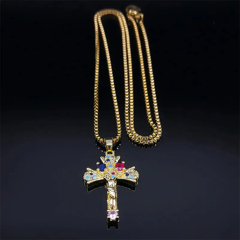 Cross Copper Zircon Pendant Necklace for Girl Stainless Steel Crucifix Chain Necklaces