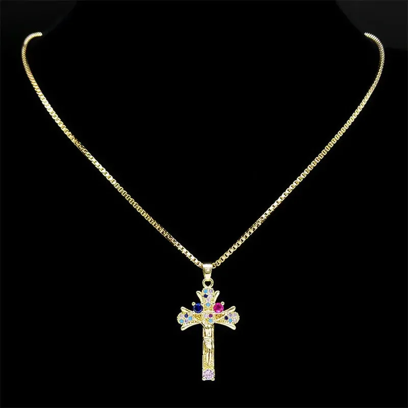 Cross Copper Zircon Pendant Necklace for Girl Stainless Steel Crucifix Chain Necklaces