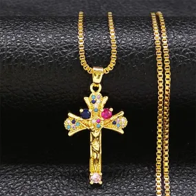Cross Copper Zircon Pendant Necklace for Girl Stainless Steel Crucifix Chain Necklaces