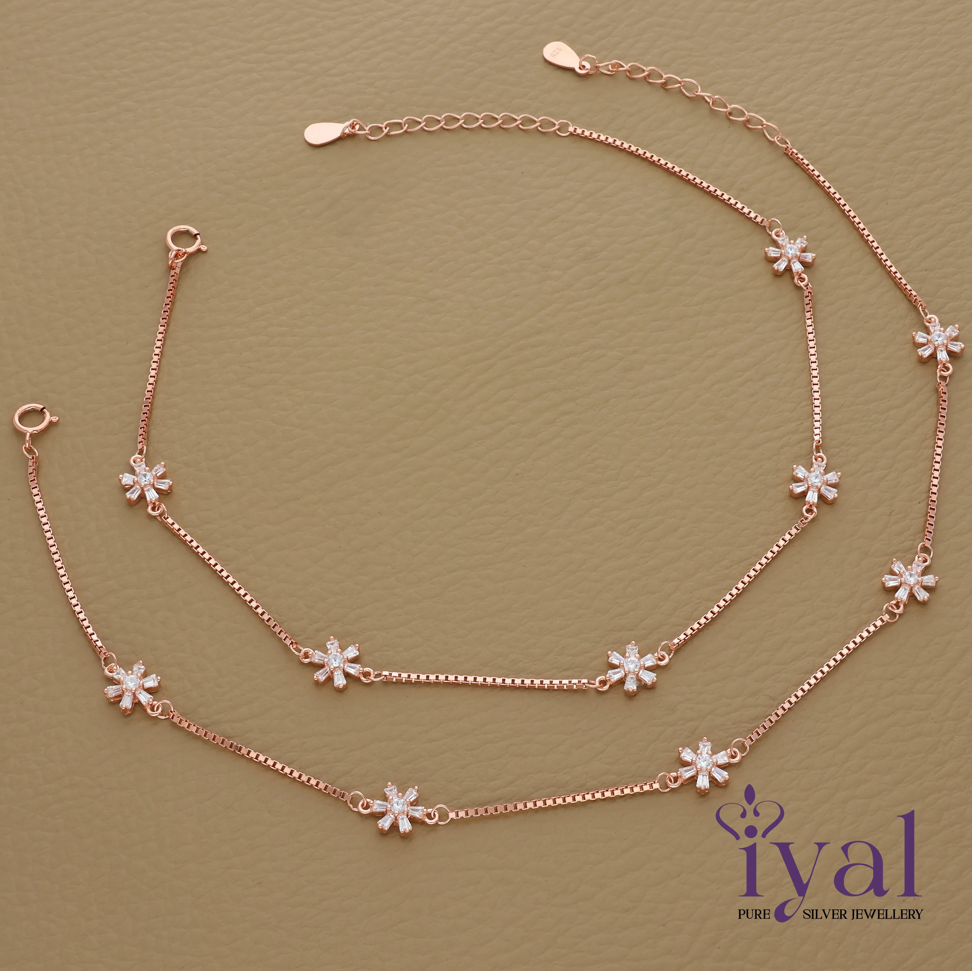 Daisy Flower Zircon Rose Gold Polish Silver Anklet