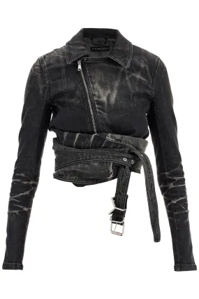denim jacket with criss-cross belt 107JA002 D18 FADED BLACK