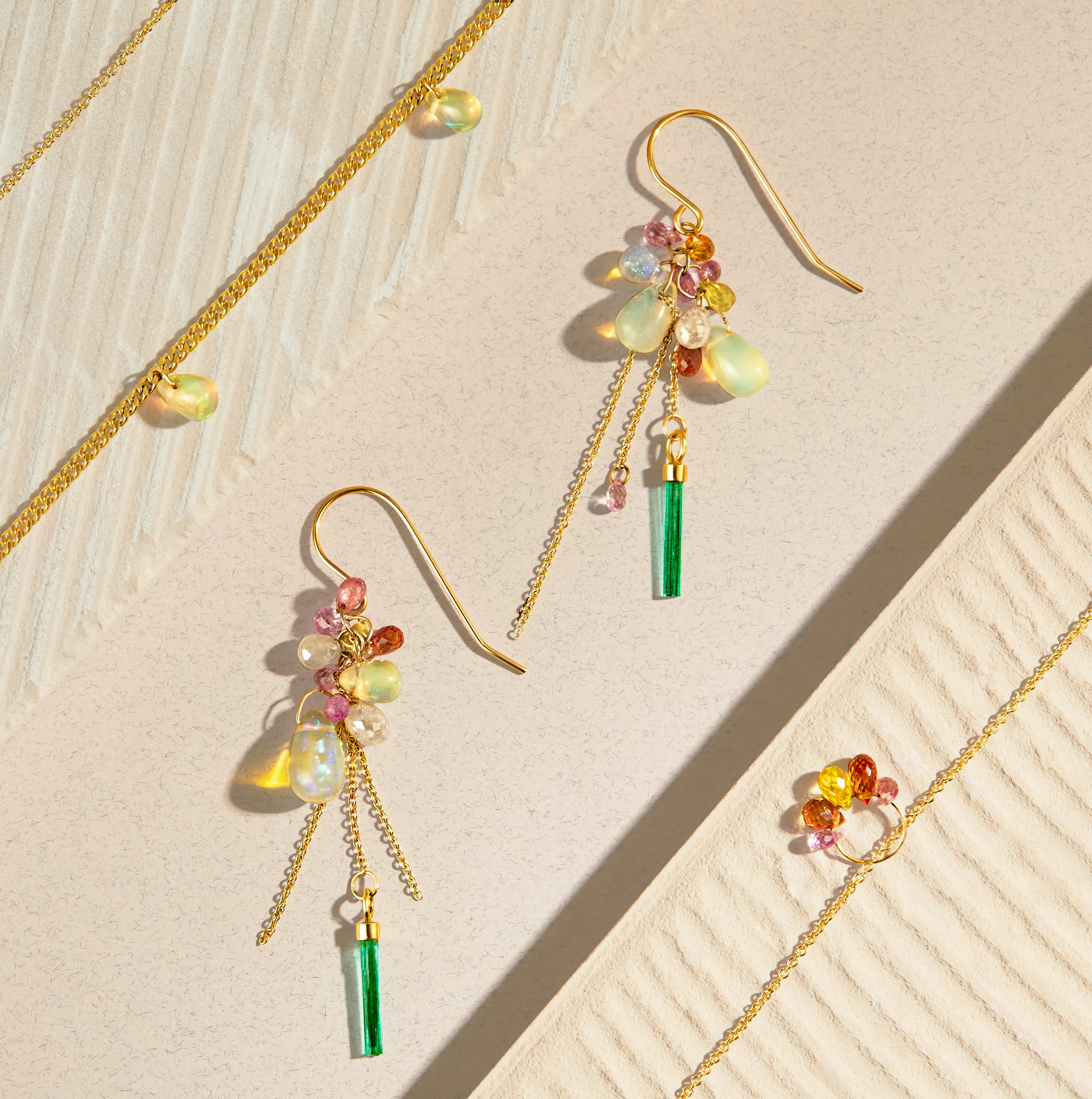 Diamond, Emerald, Sapphire and Opal Cluster Earrings in 18k Gold
