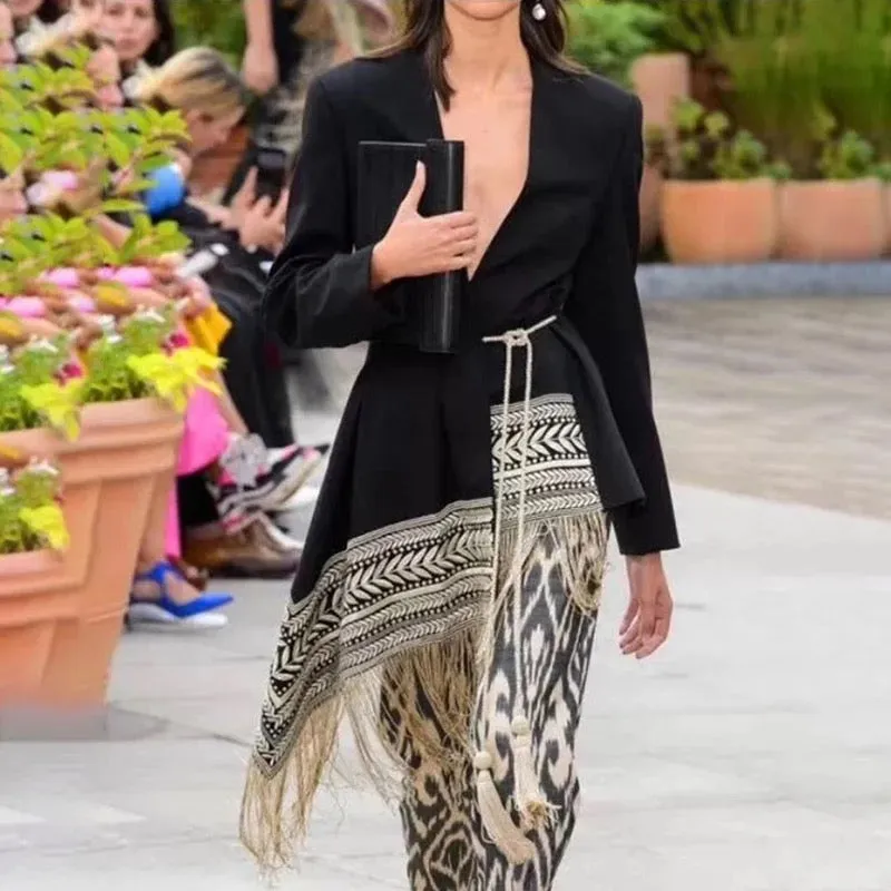 Embroidered Long Asymmetrical Tassel Coat