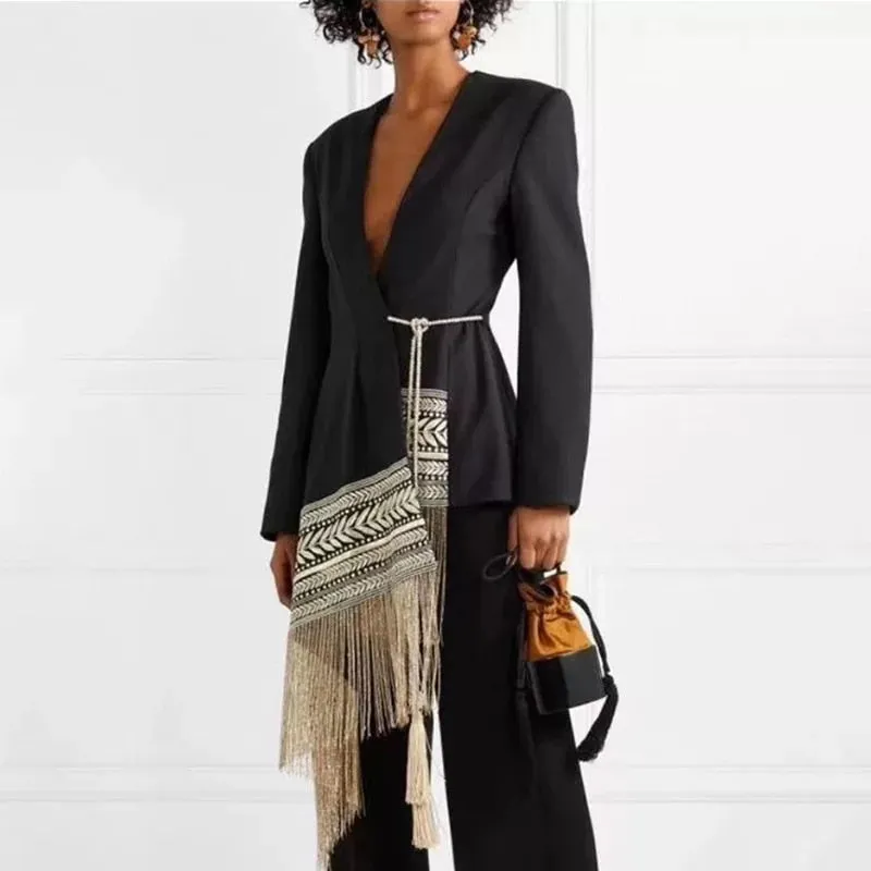 Embroidered Long Asymmetrical Tassel Coat