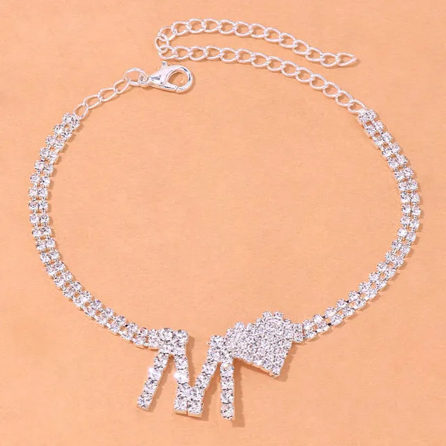 Fashion M Letter Heart Rhinestone Anklet Chain for Women