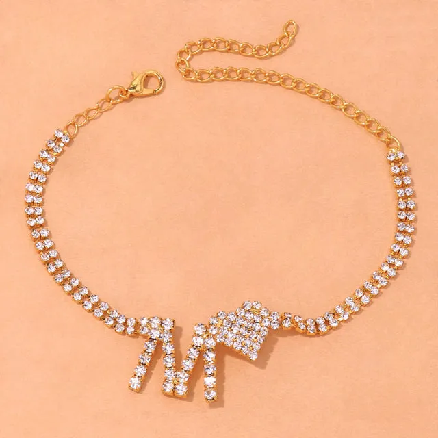 Fashion M Letter Heart Rhinestone Anklet Chain for Women