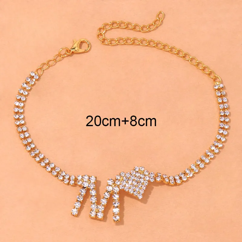 Fashion M Letter Heart Rhinestone Anklet Chain for Women