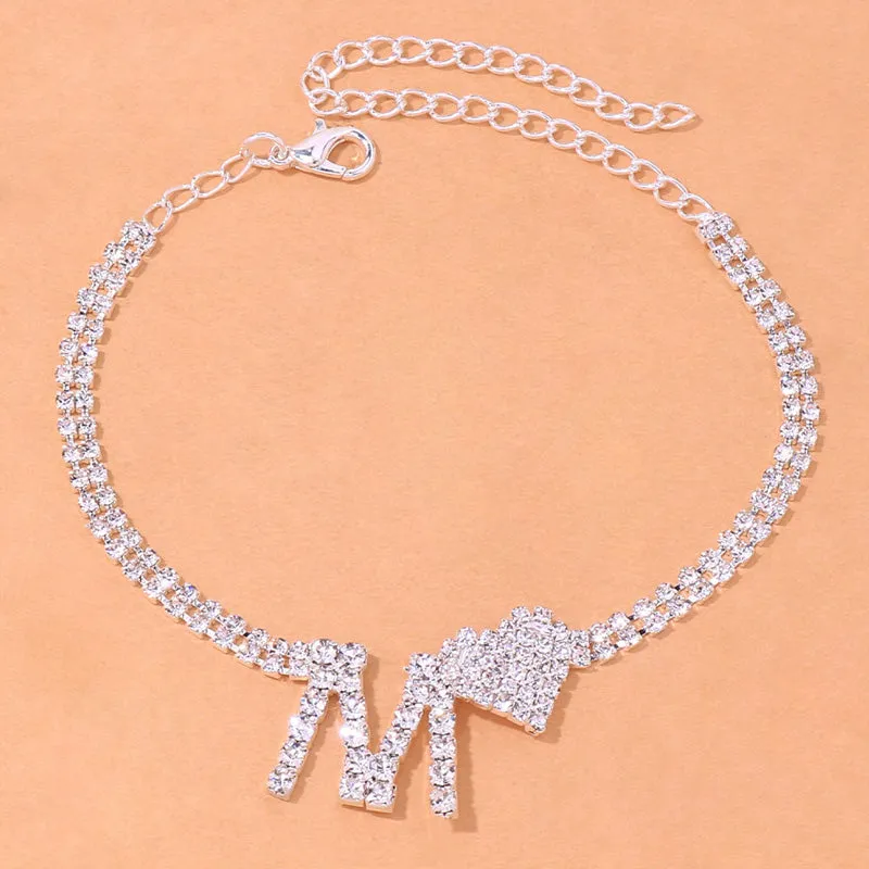 Fashion M Letter Heart Rhinestone Anklet Chain for Women