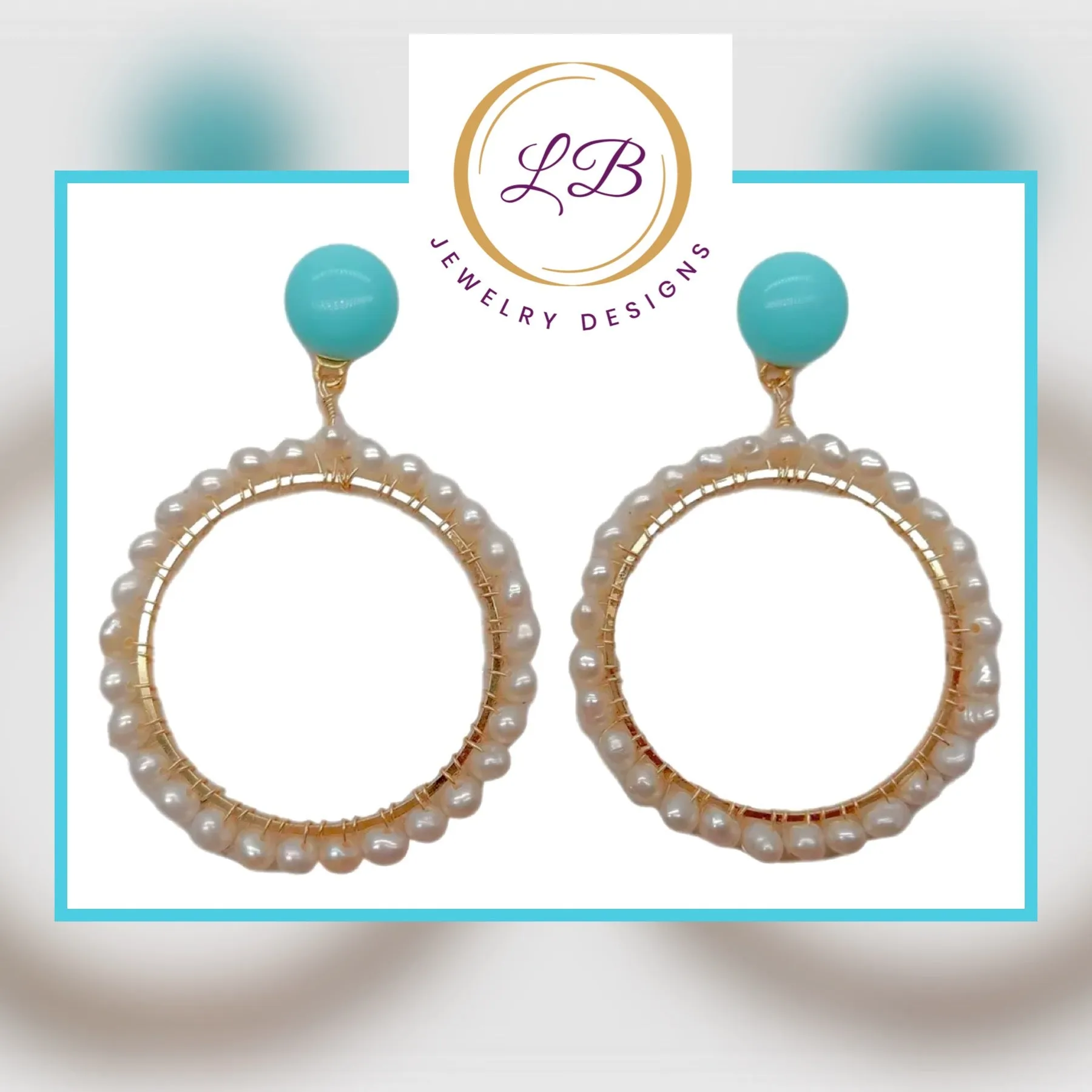 Freshwater Pearls and Sleeping BeautyTurquoise Hoops 1.37"