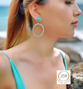 Freshwater Pearls and Sleeping BeautyTurquoise Hoops 1.37"