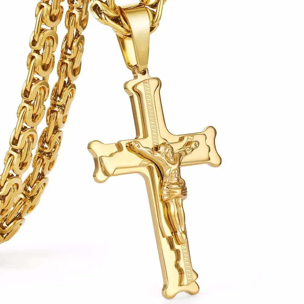 FZ Cross Pendant 6mm Link Gold Color Stainless Steel Necklace