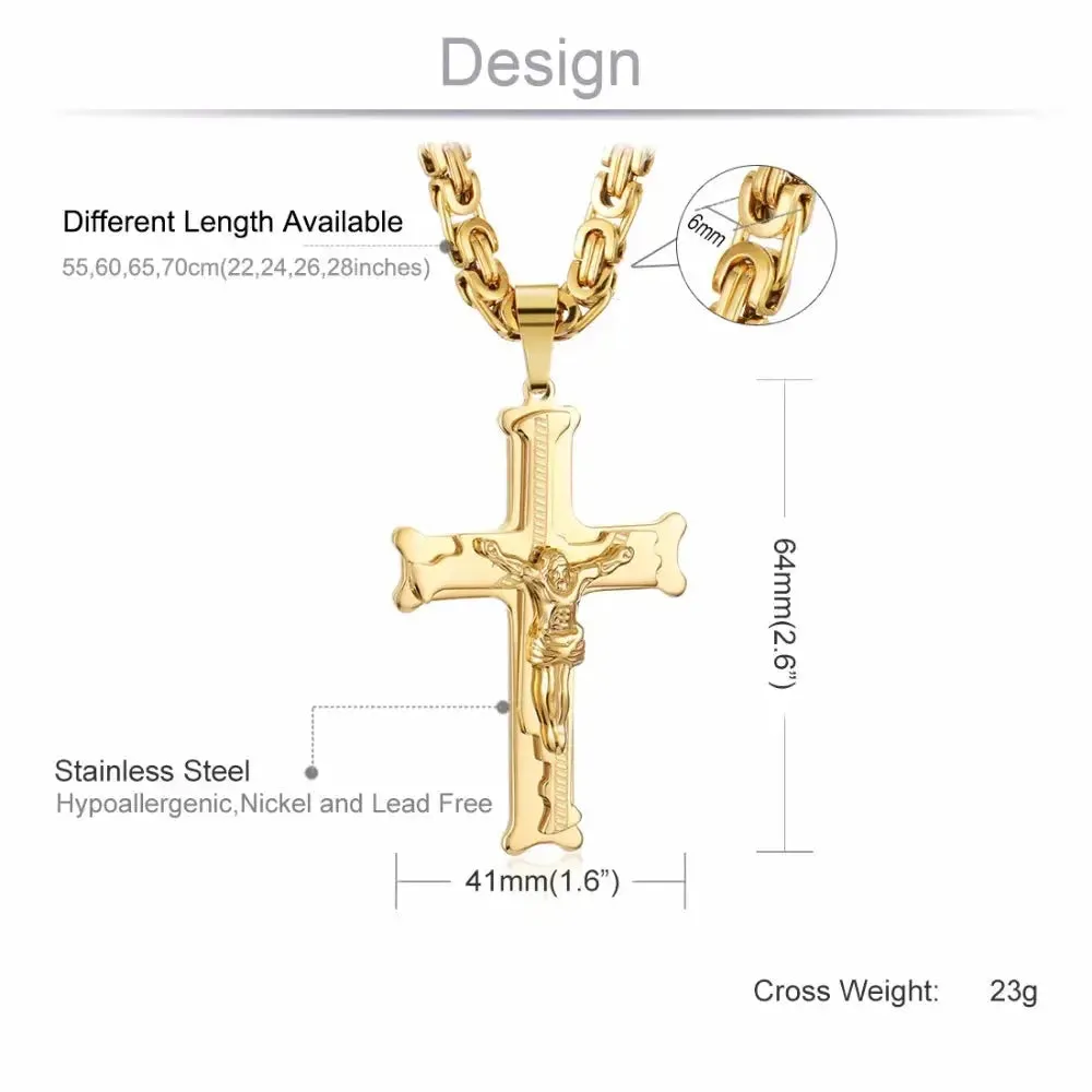 FZ Cross Pendant 6mm Link Gold Color Stainless Steel Necklace