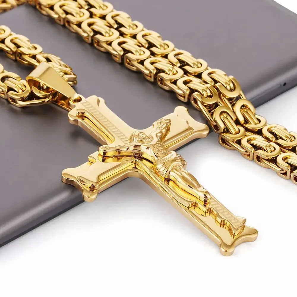 FZ Cross Pendant 6mm Link Gold Color Stainless Steel Necklace