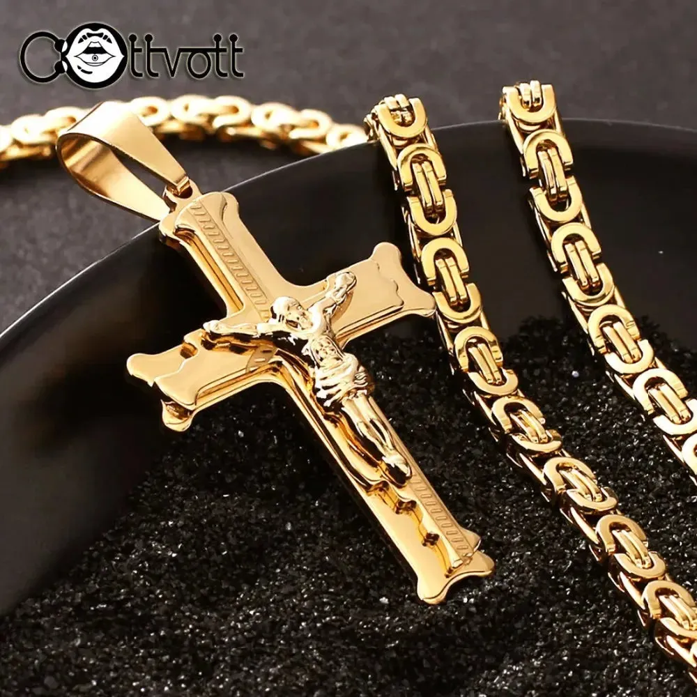 FZ Cross Pendant 6mm Link Gold Color Stainless Steel Necklace