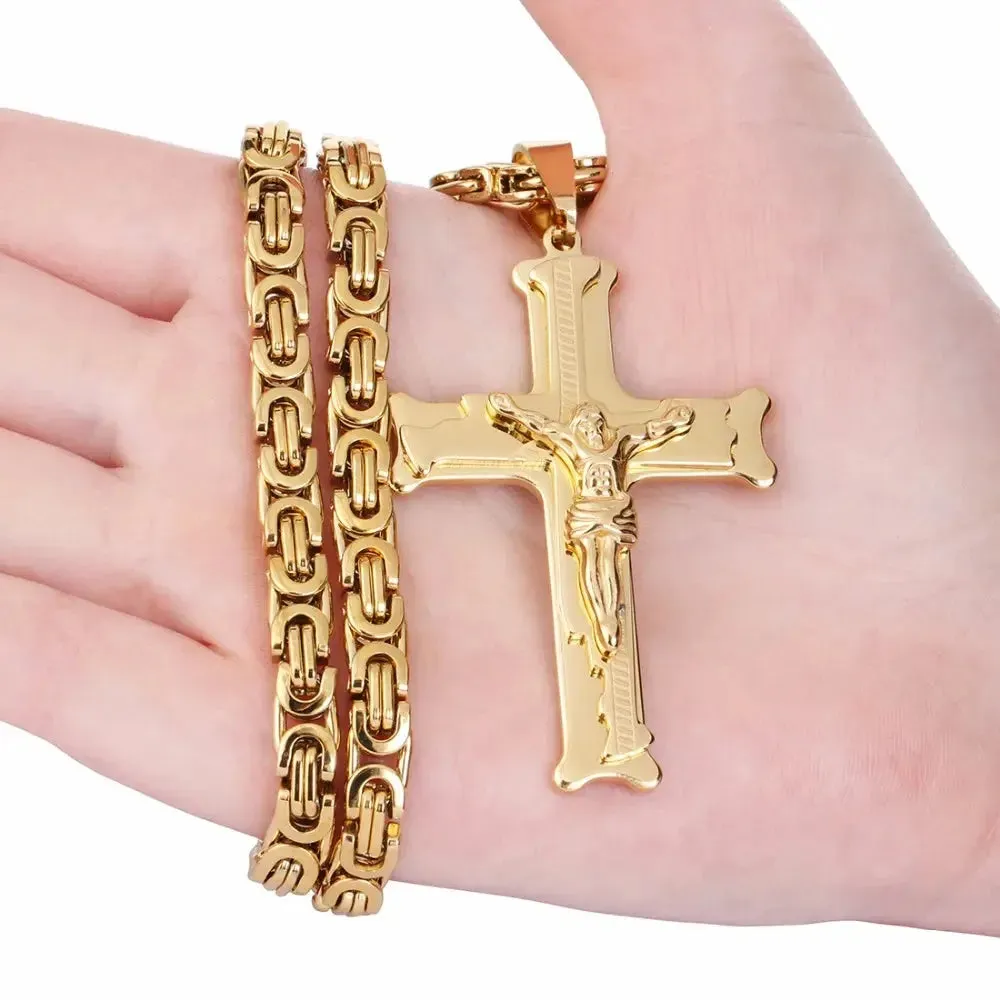 FZ Cross Pendant 6mm Link Gold Color Stainless Steel Necklace