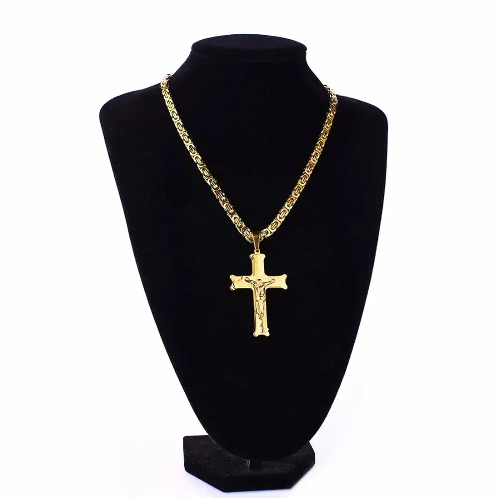 FZ Cross Pendant 6mm Link Gold Color Stainless Steel Necklace