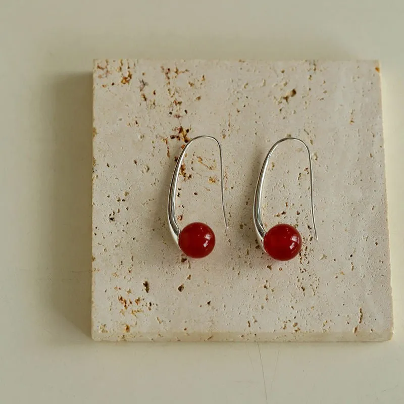 Handmade Gray Agate Red Agate Stone Ear Hook