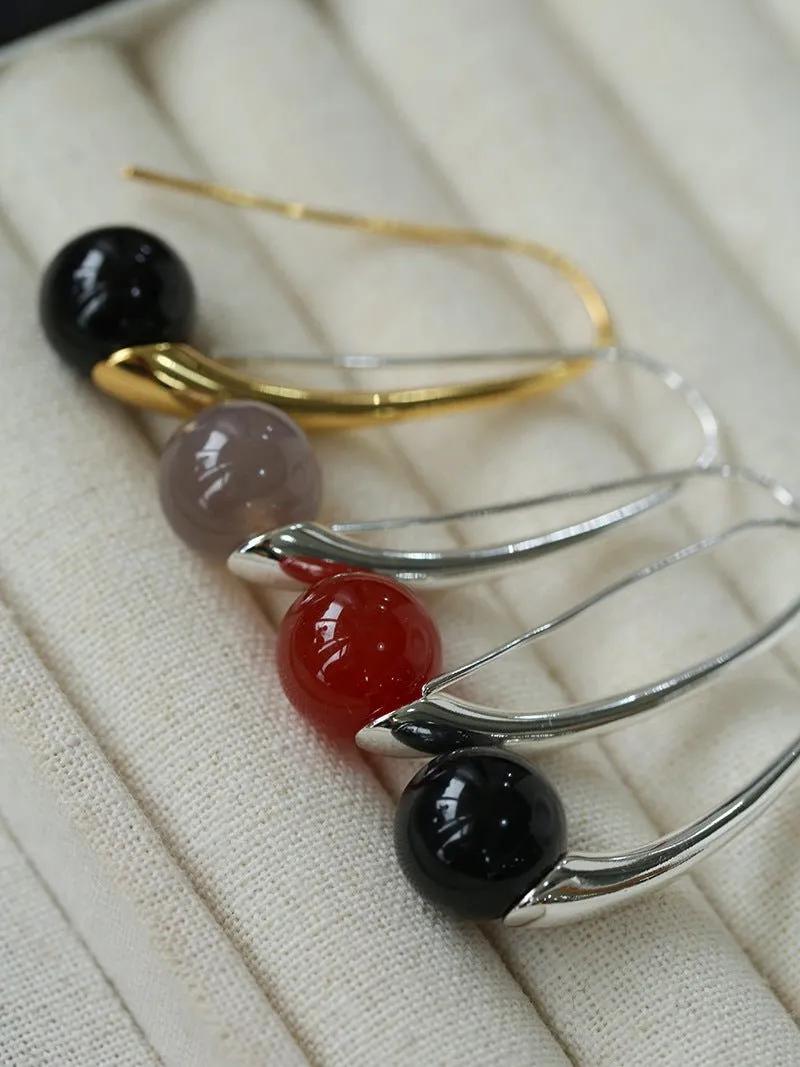 Handmade Gray Agate Red Agate Stone Ear Hook