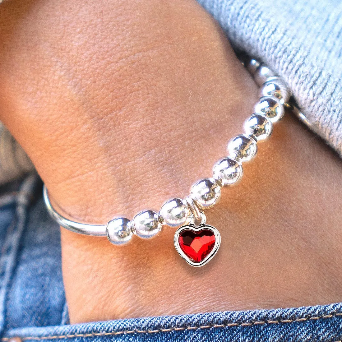Heart Charm Red Ruby Crystal Silver