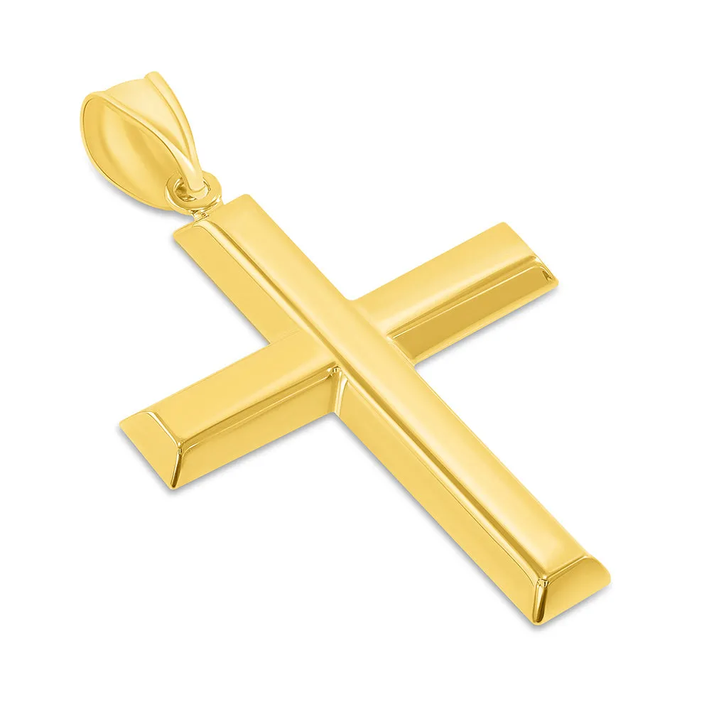 High Polish 14k Yellow Gold Beveled Edge Religious Plain Cross Pendant Cuban Curb Chain Necklace