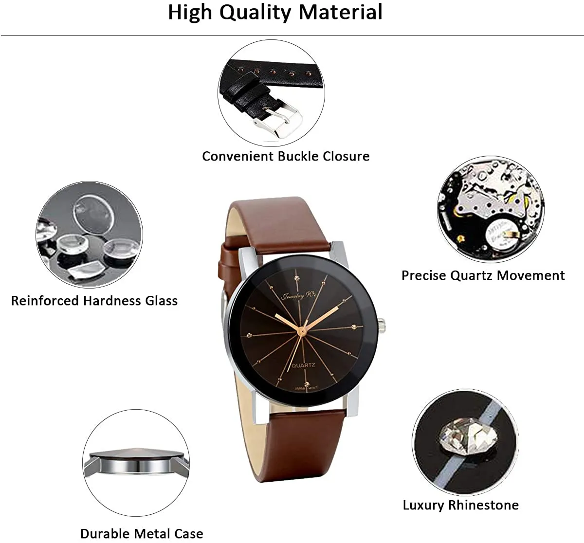 JewelryWe Men Women Watches Casual Simple Rhinestone Quartz Leather Wrist Watch for Valentine’s Day