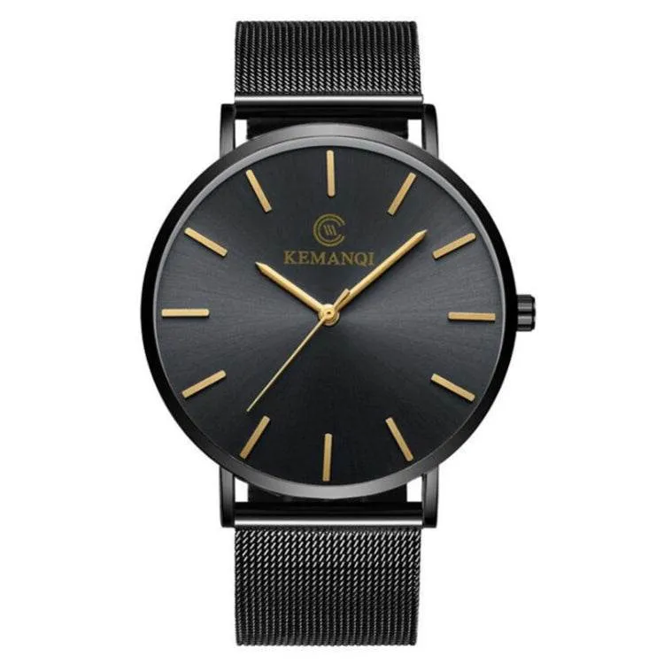 KEMANQI Sleek Ultra-thin Waterproof Stainless Steel Mesh Quartz Watch for Men