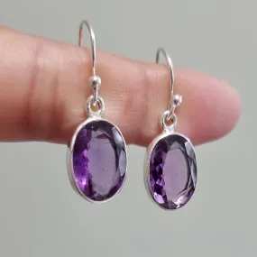 Large Oval Facetted Amethyst 925 Silver Dangle Earrings, E2AF