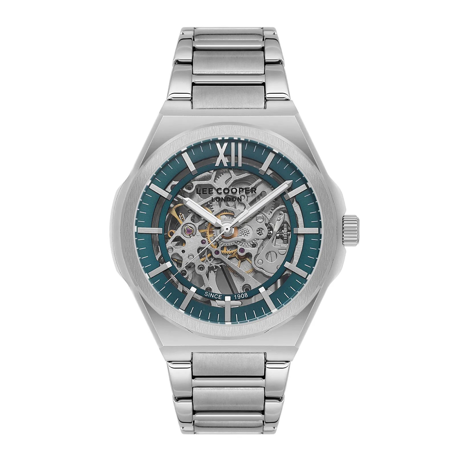 Lee Cooper Men's Automatic Watch Analog Green Dial with Silver Stainless Steel Band,  LC08051.370