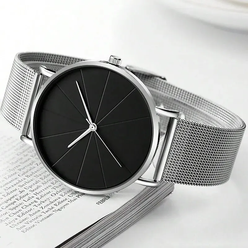 Luxury Men's Quartz Wristwatch with Calendar - Elegant Stainless Steel Mesh Bracelet