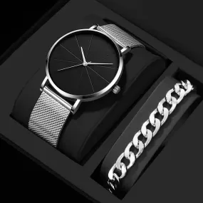 Luxury Men's Quartz Wristwatch with Calendar - Elegant Stainless Steel Mesh Bracelet