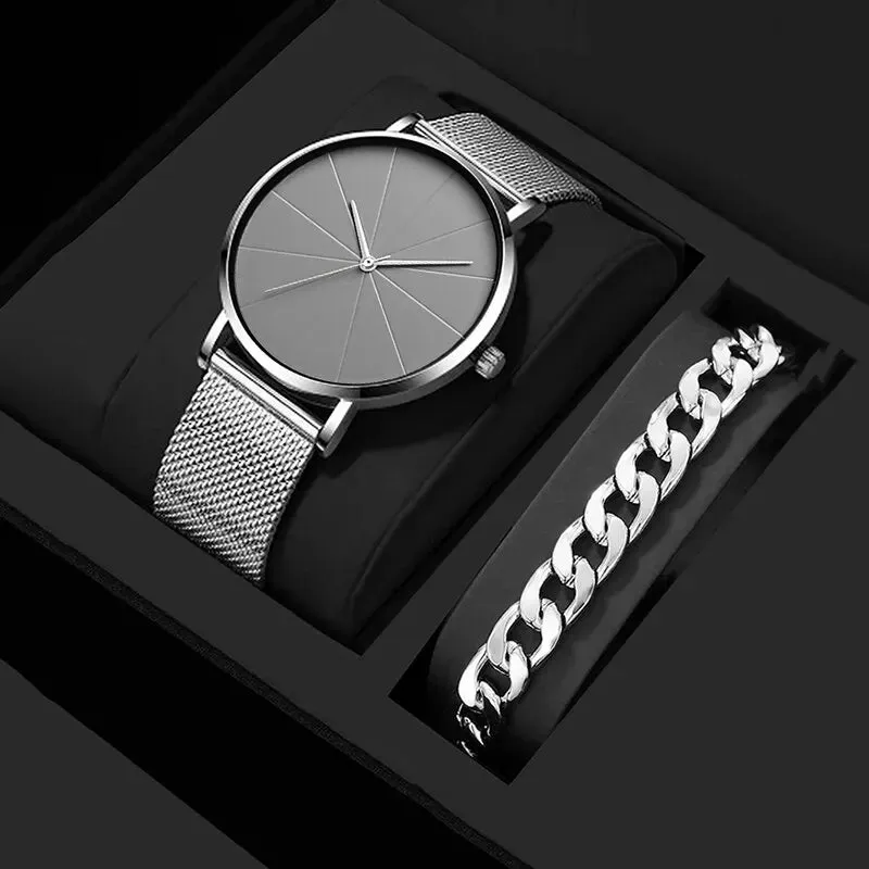 Luxury Men's Quartz Wristwatch with Calendar - Elegant Stainless Steel Mesh Bracelet