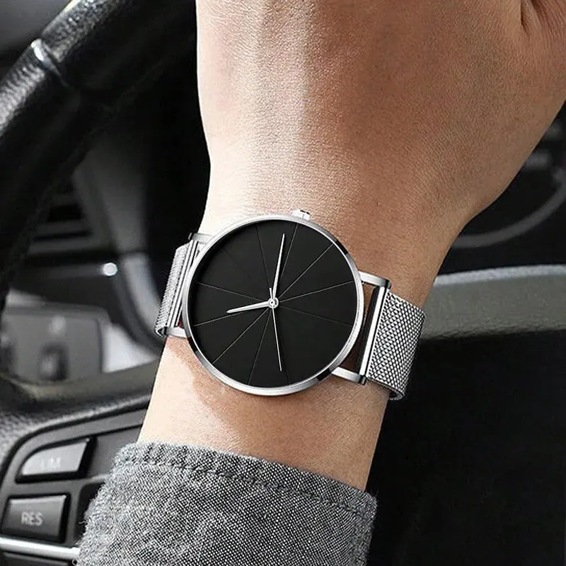 Luxury Men's Quartz Wristwatch with Calendar - Elegant Stainless Steel Mesh Bracelet