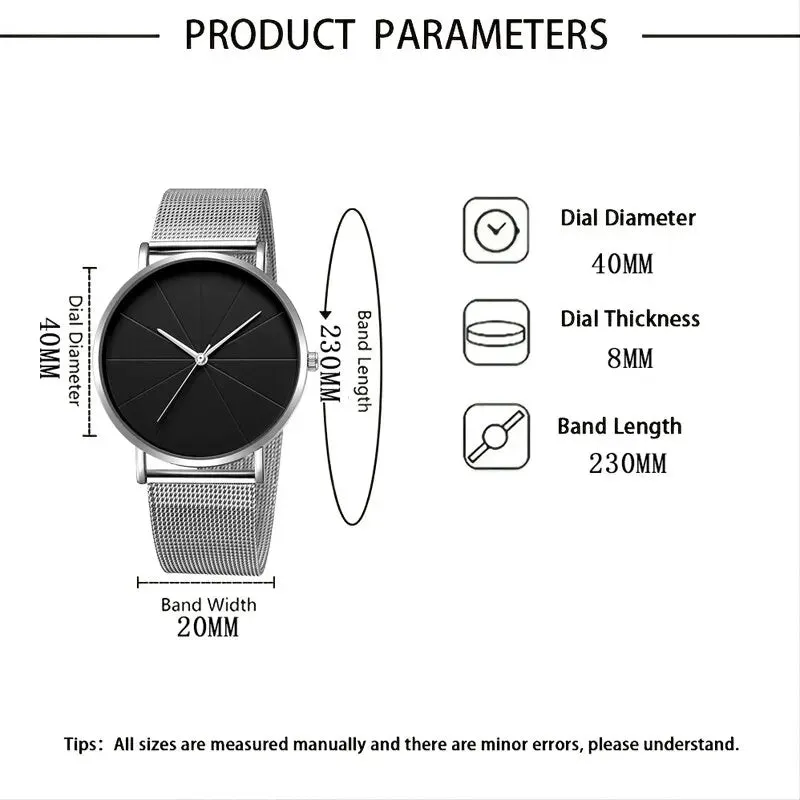 Luxury Men's Quartz Wristwatch with Calendar - Elegant Stainless Steel Mesh Bracelet